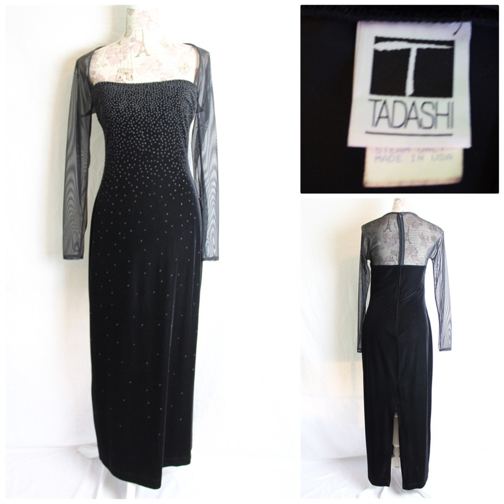 Tadashi Black Velvet Mesh Gown Sz Large Beaded